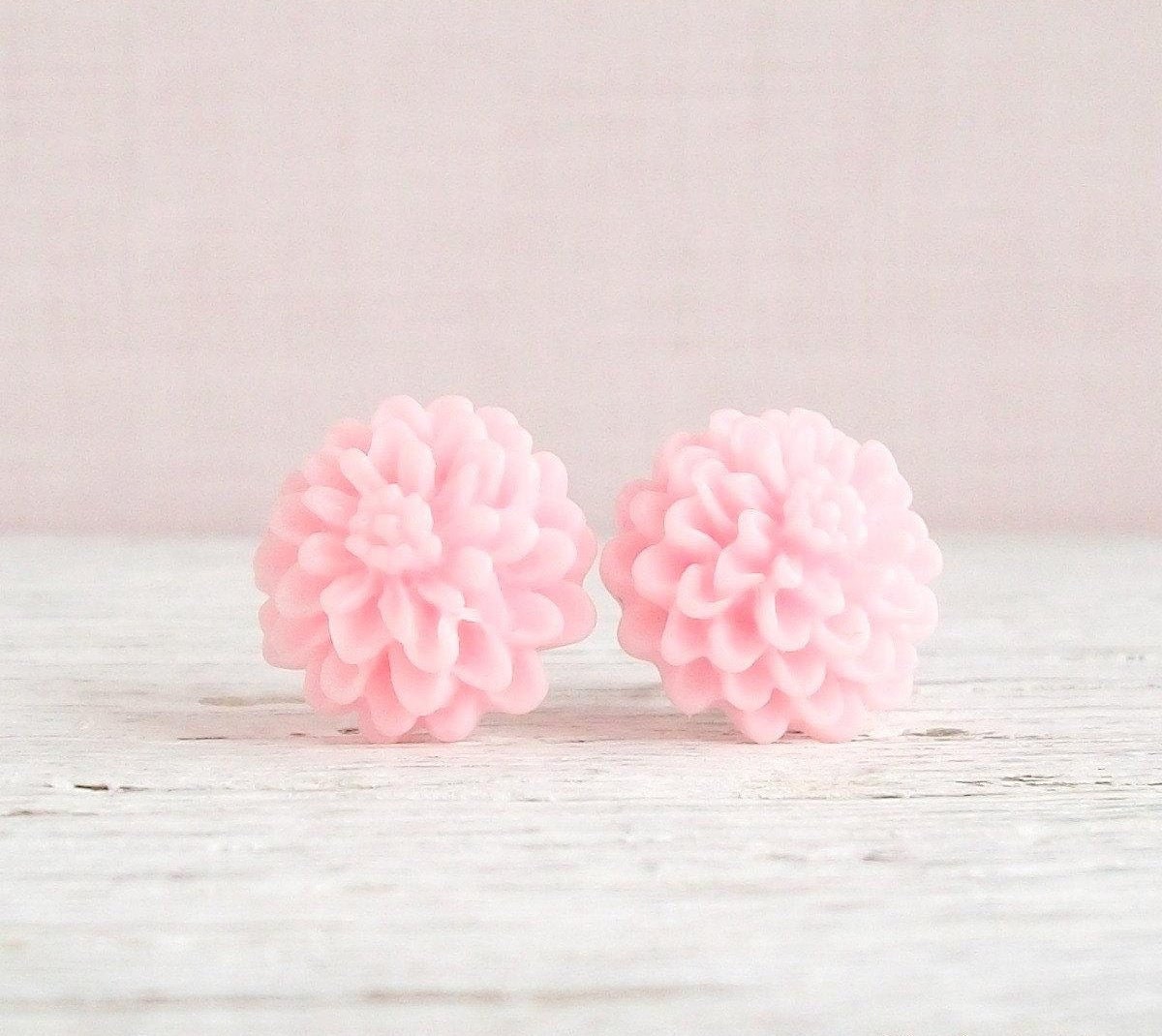 Chrysanthemum Earrings Pastel Pink Flower Stud Earrings Cottage Chic Floral Jewelry Womens Fashion Accessories Surgical Steel Posts