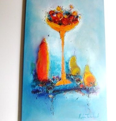 Turquoise oil painting, auqa blue and orange, 24"x40 Oil on csnvas Still life. blue composition