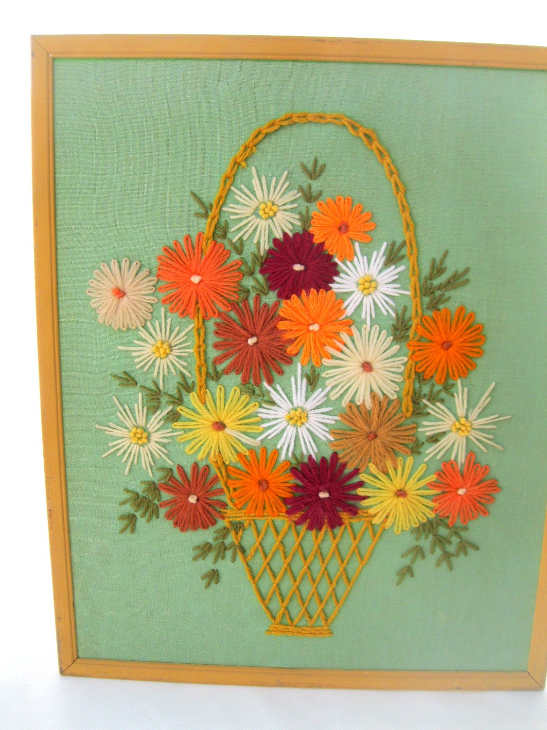 Vintage 60's Embroidery Crewel Picture-Flower Basket from Tessiemay