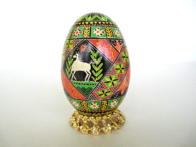 Green and red goose Pysanka, batik egg, Ukrainian Easter egg, hand painted egg with horses