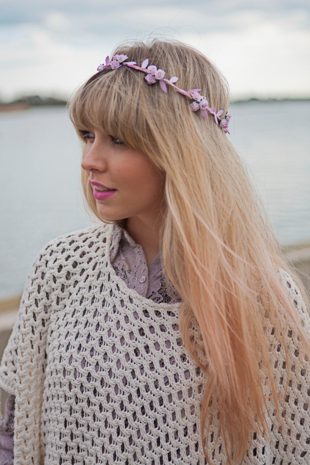 Baby Pale Pink Floral and Pink Ivy Leaf Trim Fairy Festival Flower Hair Crown Hair Garland