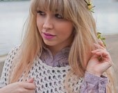 Pale Yellow and White Floral and Green Ivy Leaf Trim Fairy Festival Flower Hair Crown Hair Garland