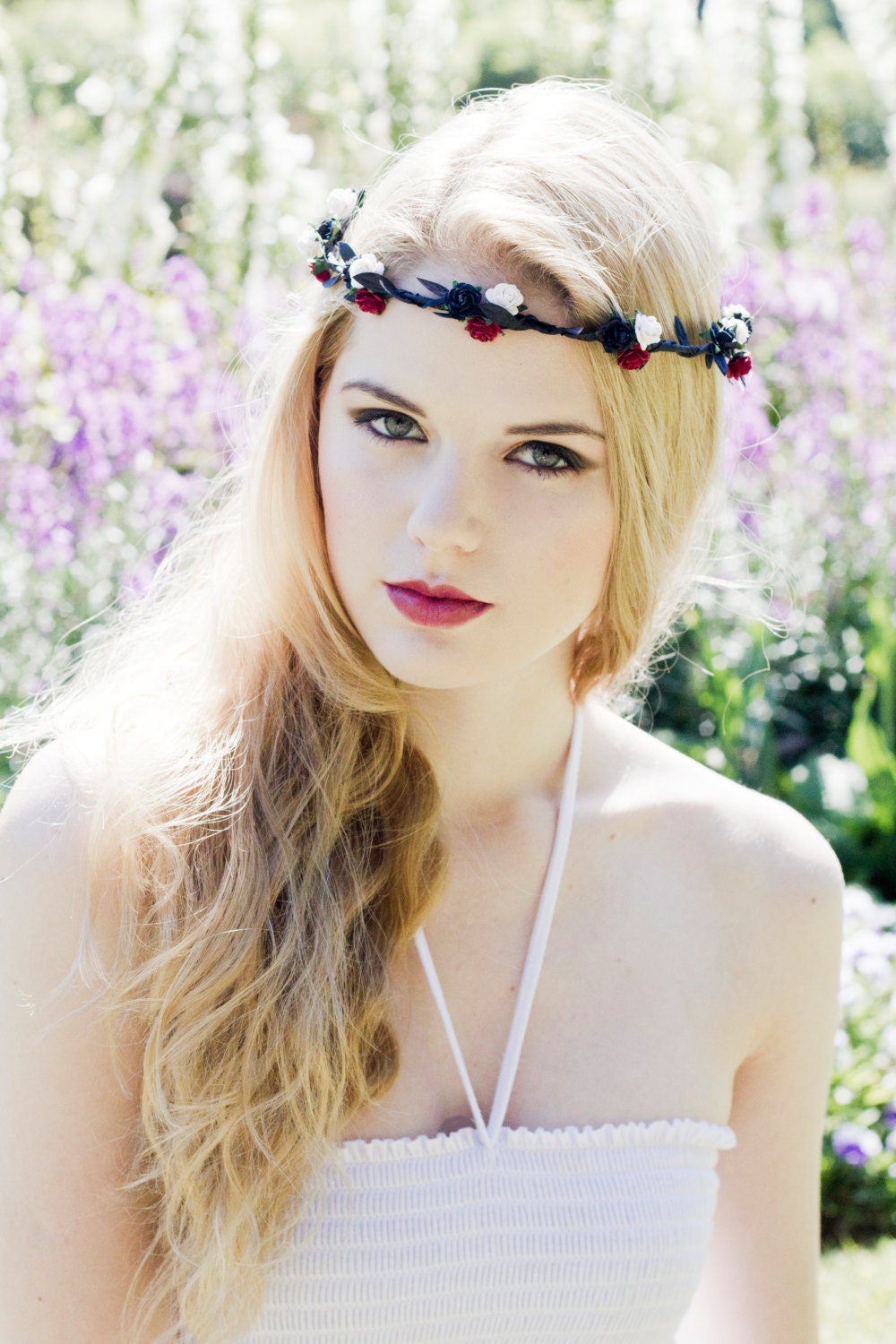 Pretty Domino Red, White and Black Floral and Black Ivy Leaf Trim Festival Floral Hair Crown/Garland