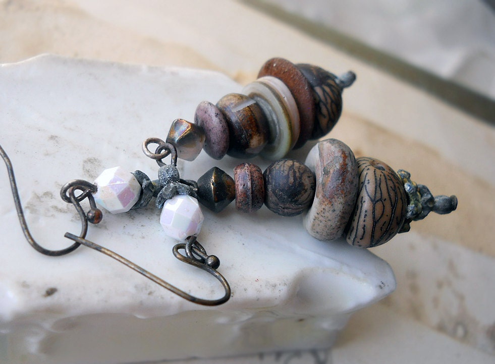 Beaded Earrings - Rustic Assemblage Earrings - Asymmetrical - Nut, Bone, Glass, Vintage West German Plastic - Assemblage Earrings