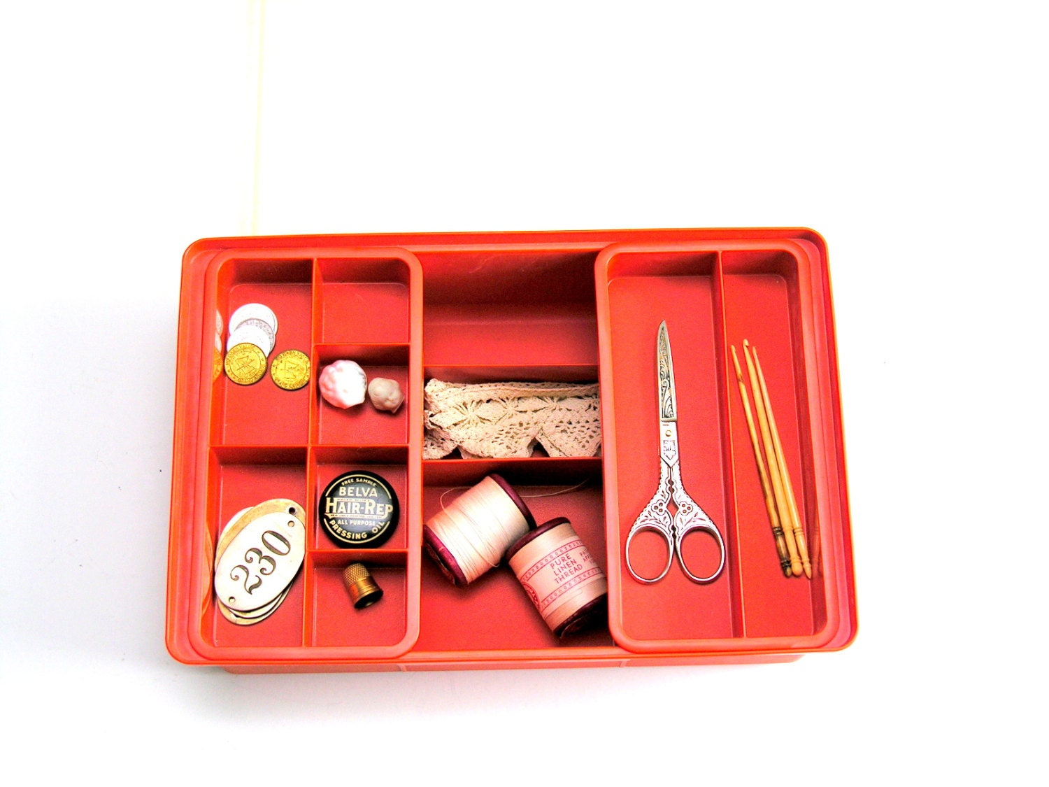 Vintage Tupperware Sewing Organzier Box 4 Piece Mending Kit Two Removeable Trays Orange 1970s Tuppercraft Craft Holder Organizer