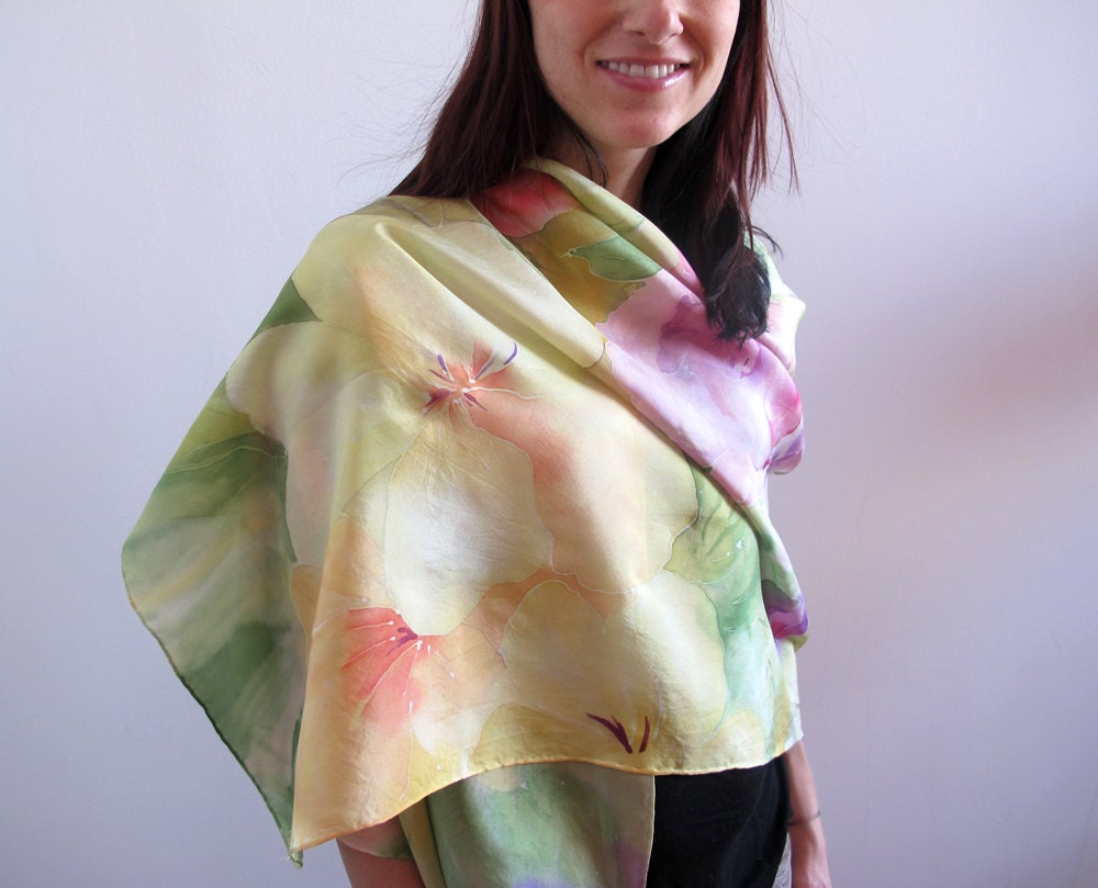 Scarf/ Shawl Wrap Floral 100% Silk Hand-Painted  by Artist