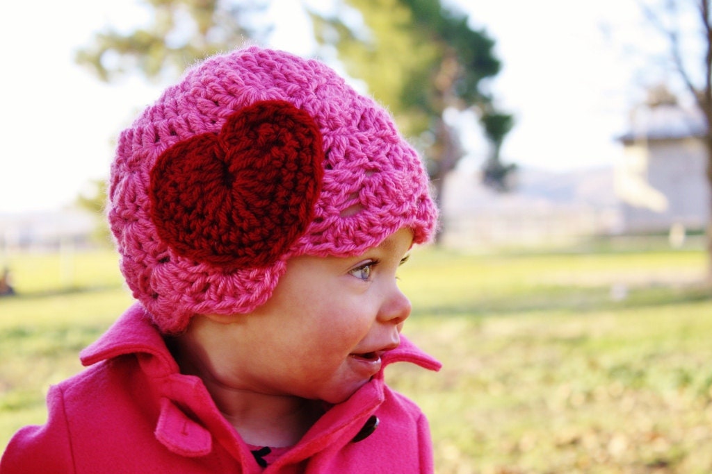Pink Baby Crochet Hat with Crochet Heart Valentines Day