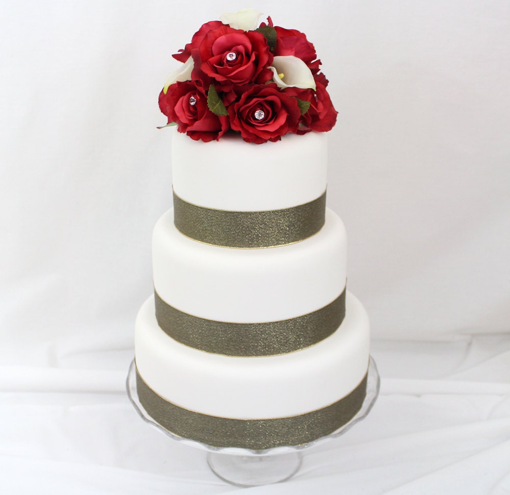 Wedding Cake Topper - Calla Lily, Red Rose Silk Flower Wedding Cake Topper