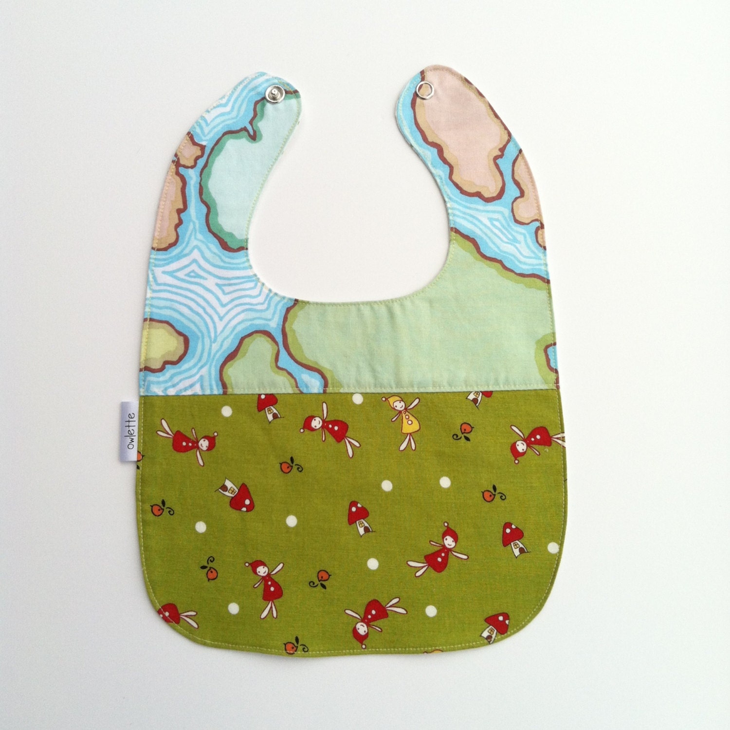Snap Bib, Green Red Blue Atlas Woodland Creature Modern, nickel free