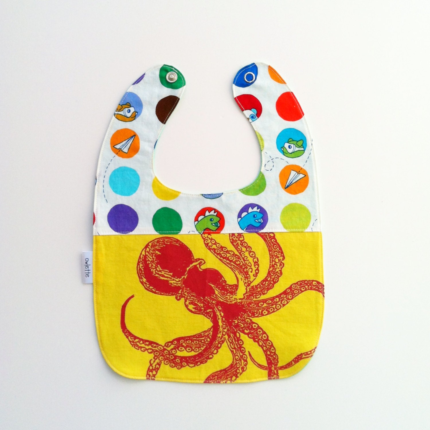 Snap Bib, Yellow Red Octopus Pieced Screen Print, Eco Friendly, Nickel Free
