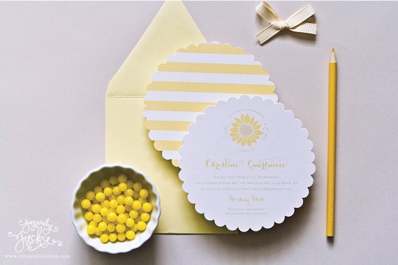 Sunflower Shower Invitations - Round Circle Die Cut - Hand Drawn Yellow Sunflower Motif With Striped Backer- Set of 25