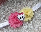 Monster High Shabby Chic Pink & Yellow Double Flower Headband - Baby -  Newborn - Infant - Toddler - Girl - Teen - Adult - Photo Prop