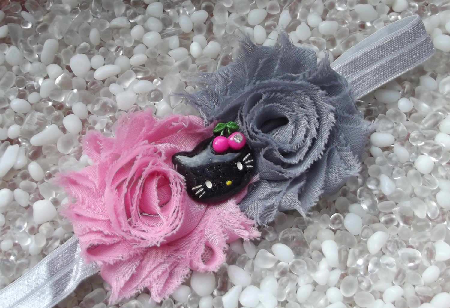 Hello Kitty Shabby Chic Pink & Gray Double Flower Headband - Baby -  Newborn - Infant - Toddler - Girl - Teen - Adult - Photo Prop