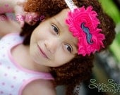 Mustache Shabby Chic Hot Pink and Black Double Flower Headband - Baby -  Newborn - Infant - Toddler - Girl - Teen - Adult - Photo Prop