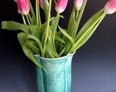 Handmade wheel thrown and Altered aqua crackle vase by Leslie Freeman