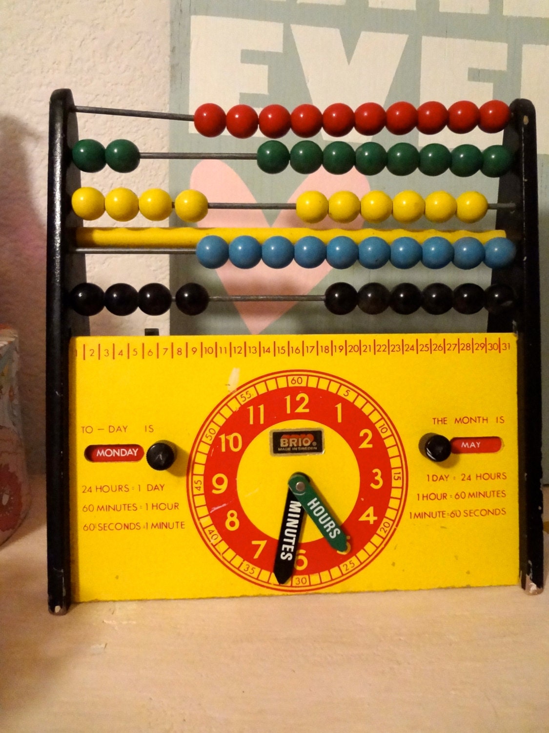 Vintage 1960s Brio Abacus, Clock, and Calendar Teaching Toy