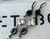 Black and White Portrait, Vintage German Glass Cameos, Jet Black Jewels, Clear Rhinestones and Tiny Vintage Pearl Assemblage Earrings