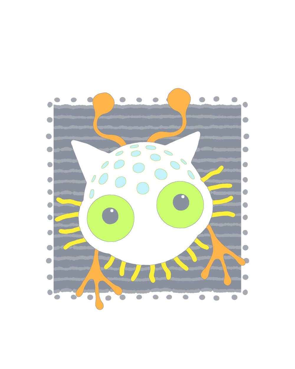 Cat monster art print, outer space, digital art, cute sci fi creature, nursery, science fiction art, childrens art, white, gray