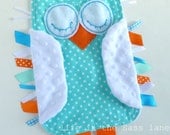 Turquoise and Orange OWL in Polka Dots Flannel and Minky Ribbon Tag Blankie Blanket Lovey Lovie Baby Gift