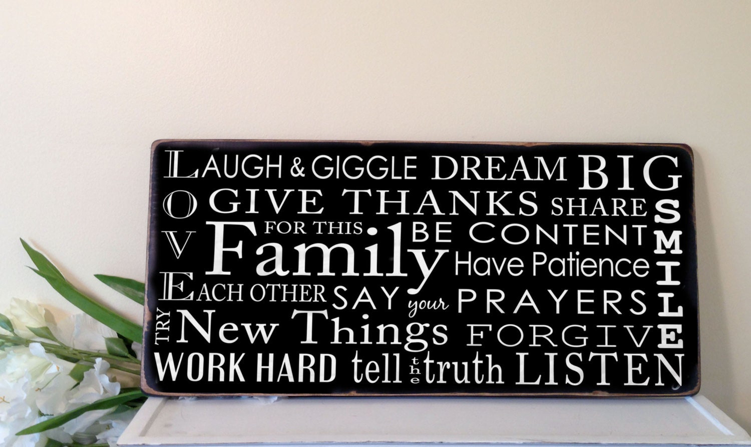 NEW Horizontal Family Rules  Typography Word Art Sign -Distressed on Wood- Pick your colors