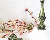 Gothic Candlestick Pair hand painted in moss green lichen and metallic gold accents rustic candle holders