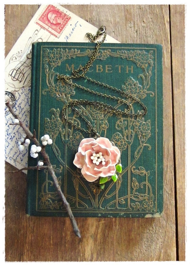 Pink Rose Necklace, Vintage Flower Pendant, Shabby Chic Floral Jewelry, Eco Friendly Spring Necklace