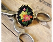 Vintage Embroidery Cocktail Ring, Pink, Yellow, Granny Chic Floral, Upcycled, Recycled, Statement Jewelry, Eco Friendly Adjustable Ring