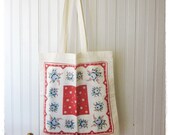 Vintage Hankie Tote Bag, Red, White, Blue Rose, Eco Friendly Reuseable Shopper, Beach, Book, Market Tote
