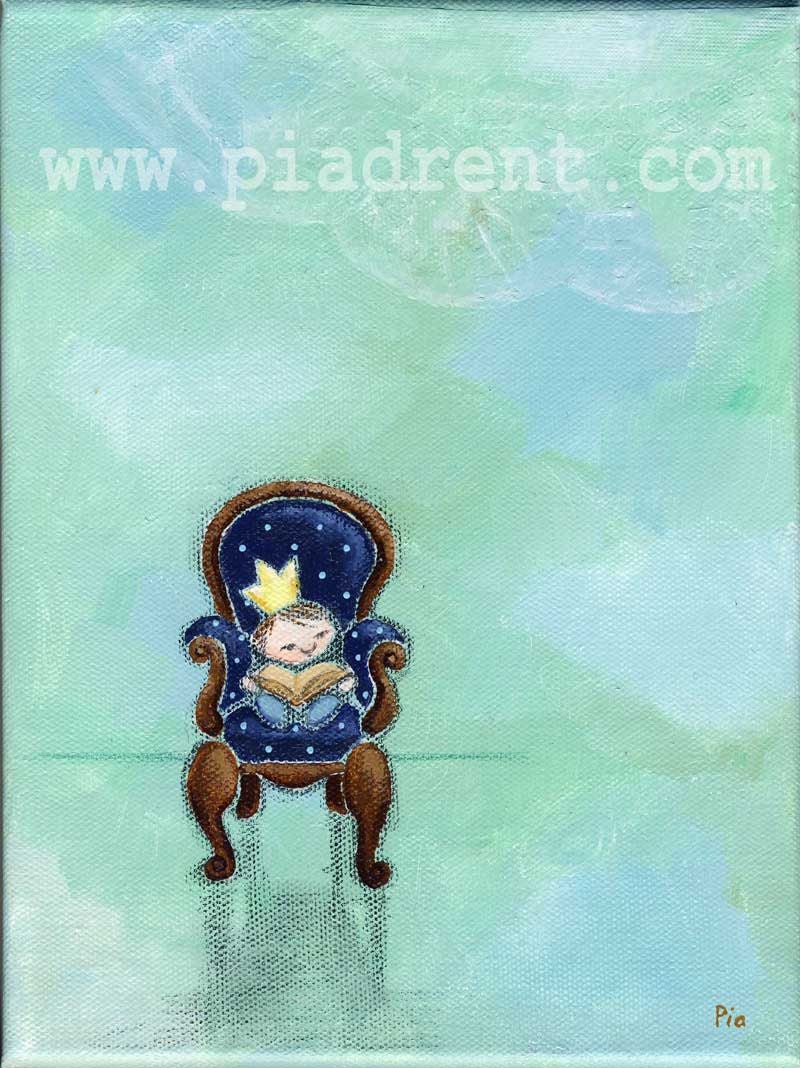 The Prince Is Reading, original painting, wall art, prince with book, cute, 7 x 9.5 inches, blue and teal, textured acrylics, baroque chair