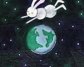 Bo Above Earth, original painting, wall art, bunny character, cute animal, 8 x 8 inches, textured acrylics, earth in space, stars rabbit