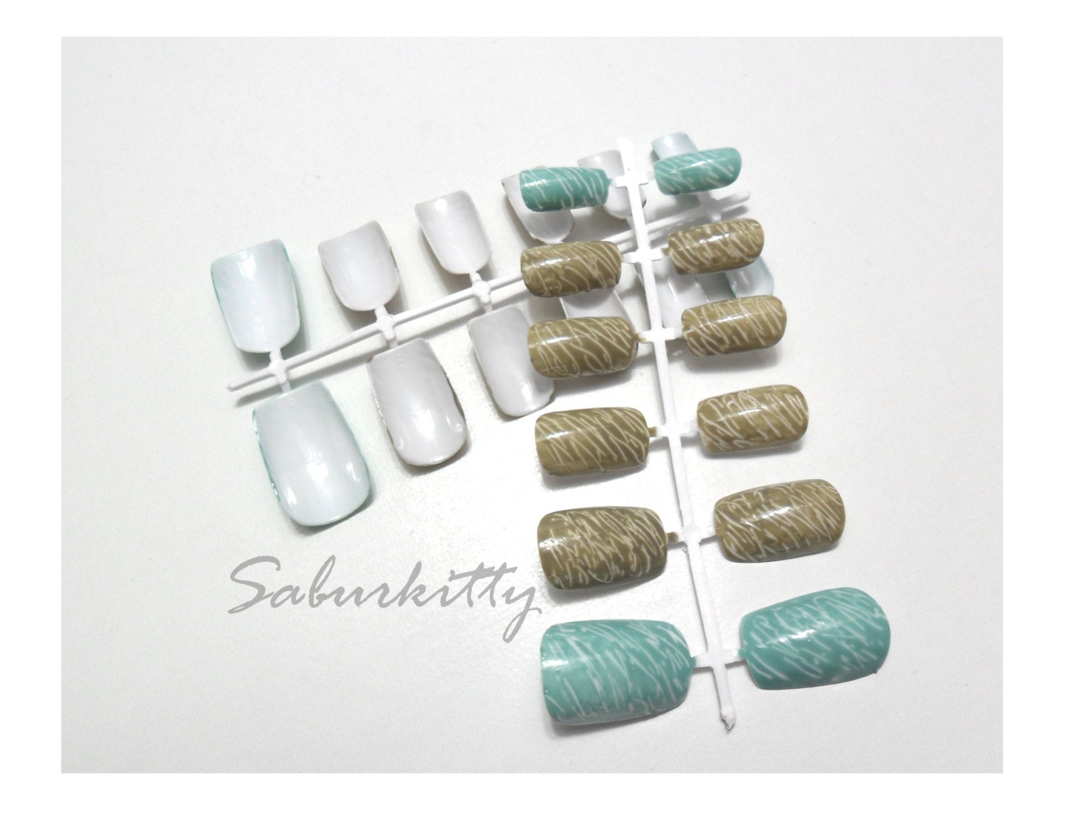 Olive Brown Teal White textured Nail Art 24 fake acrylic blue etsy boho press on short glue on nails