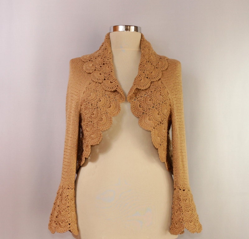 Hot Chocolate / Crochet Shrug Bolero Bridal Shrug Caramel Knit Shrug Wedding Cardigan S M L Ruffle Wrap  Beige Wedding Shrug By Lilithist