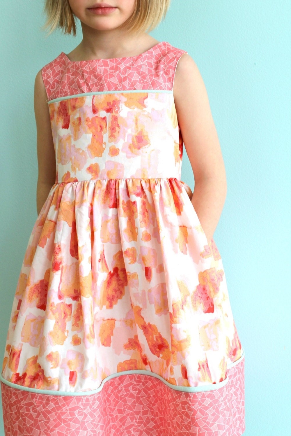 Girls clothing Easter Dress Spring  Coral Brushstrokes Dress with Pockets