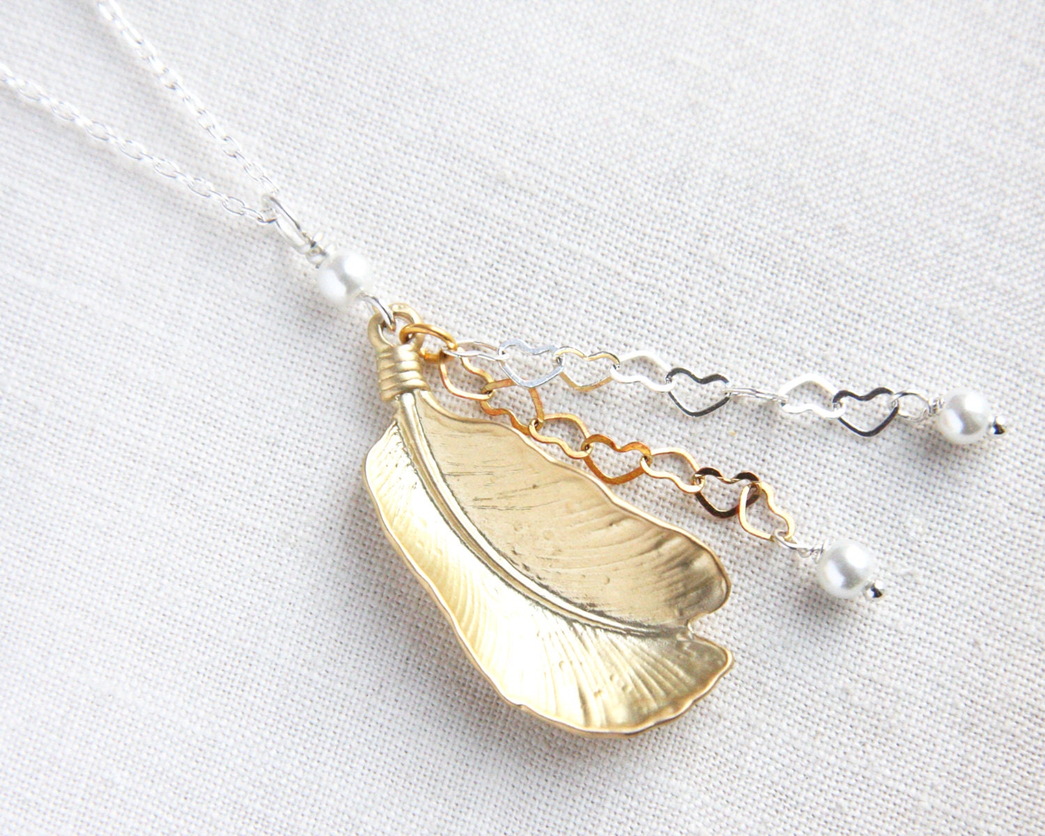 on Vacation / Fine Feather Silver and Gold Necklace, Mixed Metal Necklace, Wire wrapped Wedding Jewelry, Heart Chain, White Pearl
