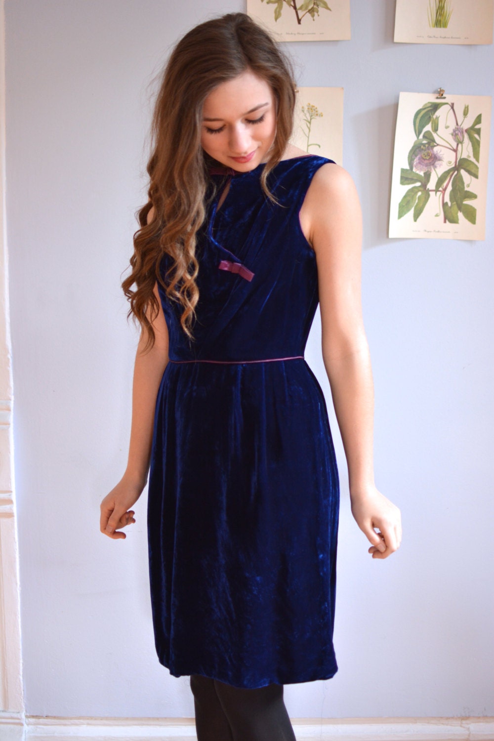 Vintage 1960s Navy Blue Velvet Dress - Size Small