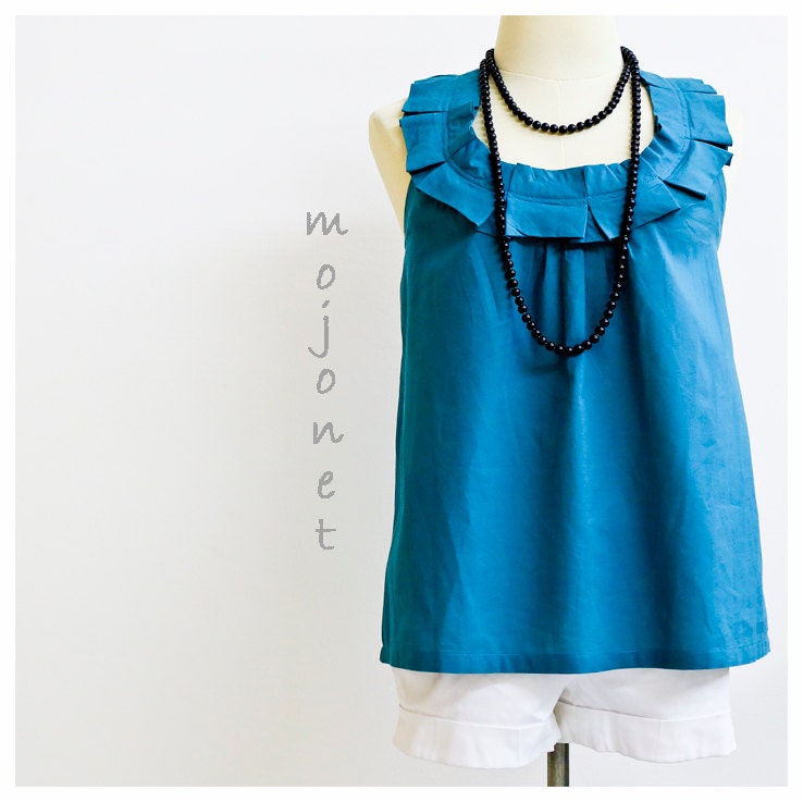 Spring Summer Pleated Ruffle Criss Cross Cotton Sleeveless Blouse Loose Fitting Size M, L Green Free Alteration