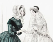 1860 Antique FASHION engraving. WEDDING DRESS Jane Eyre era, french woman fashion original antique print .