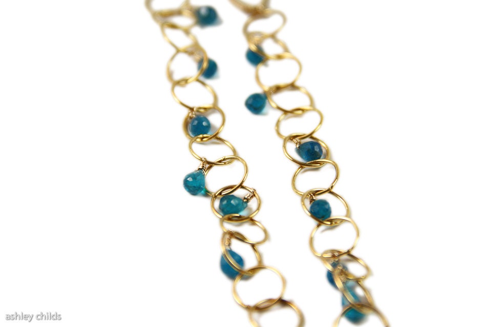 Ocean Blue Faceted Apatite Briolette on 18kt Gold Plated Sterling Silver Circle Chain Earrings AC0663