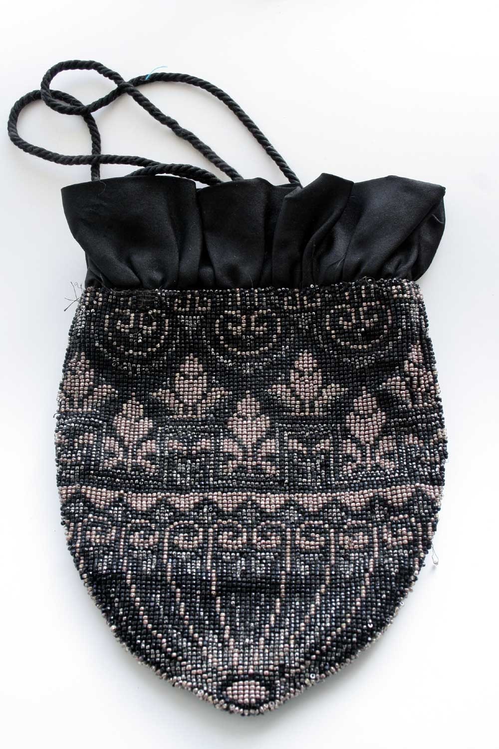 Art Nouveau/Deco beaded bag. Almost perfect and absolutely beautiful. Black, silver and taupe.