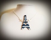 Eiffel Tower Necklace, Paris necklace, Silver Swallow Charm, Handmade kitsch, blue stripe, Jewelry, Paris, Eiffel Tower