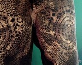 Black JEAN Shorts, printed with CROCHET Doily Pattern. Awesome OOAK shorts
