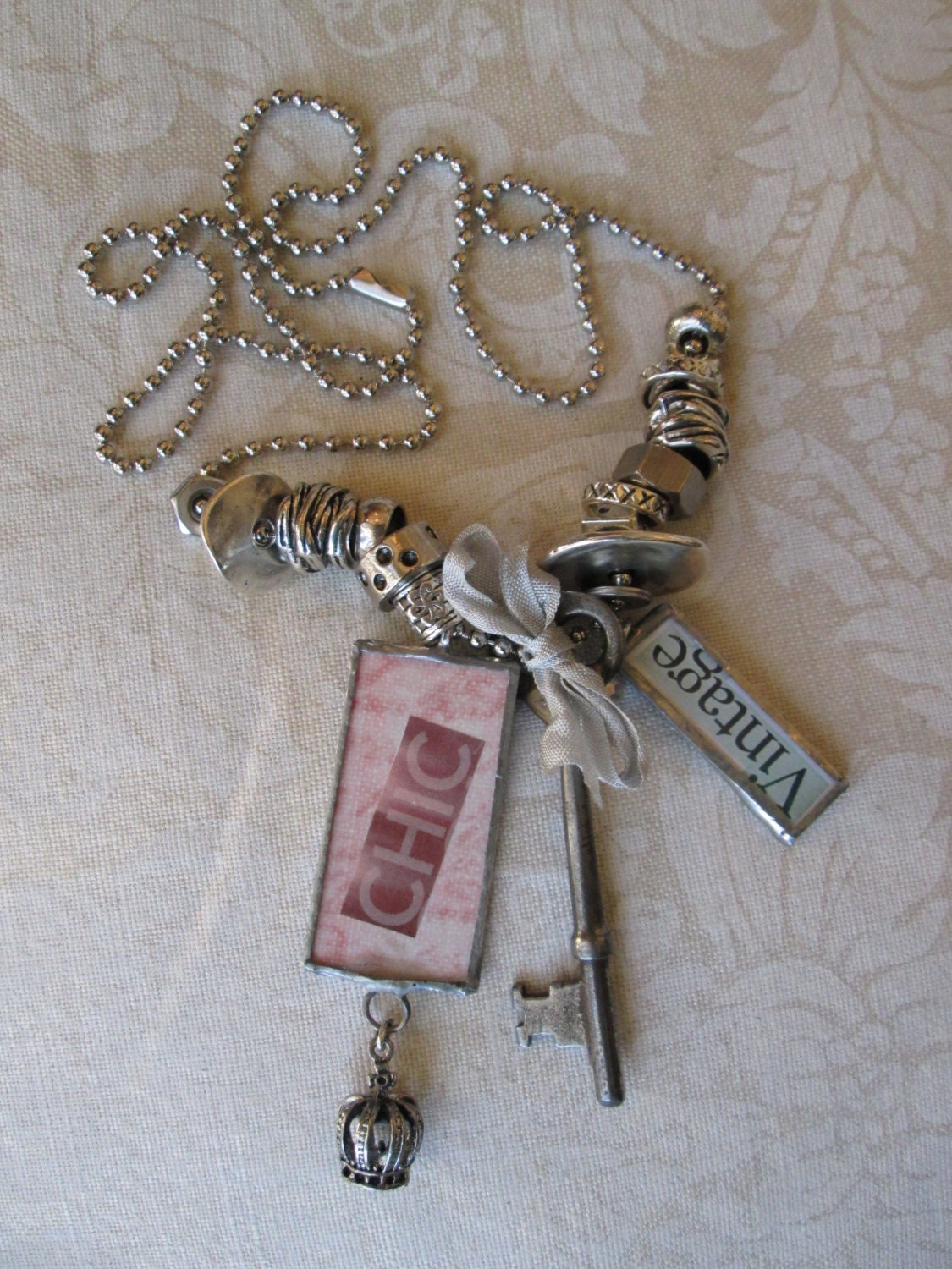 Silver Bead Assemblage Necklace Charmed Vintage CHIC KEY and CROWN