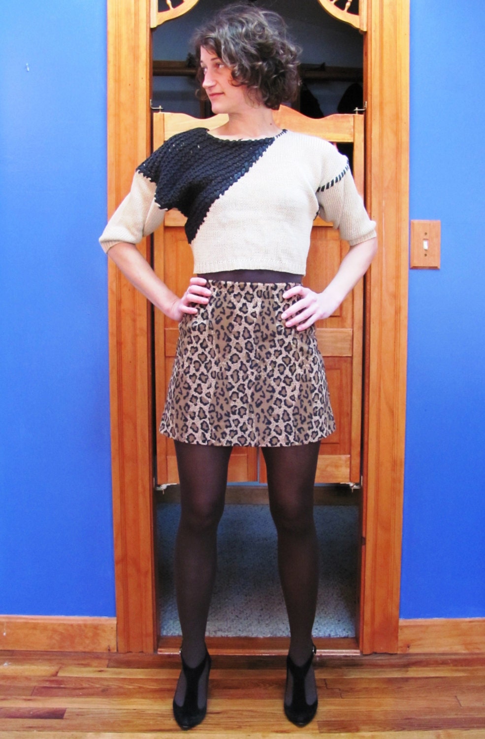 Cropped Knit Sweater with Woven Accents in Two Tone Black on Tan Asymmetrical Three Quarter Length Sleeves