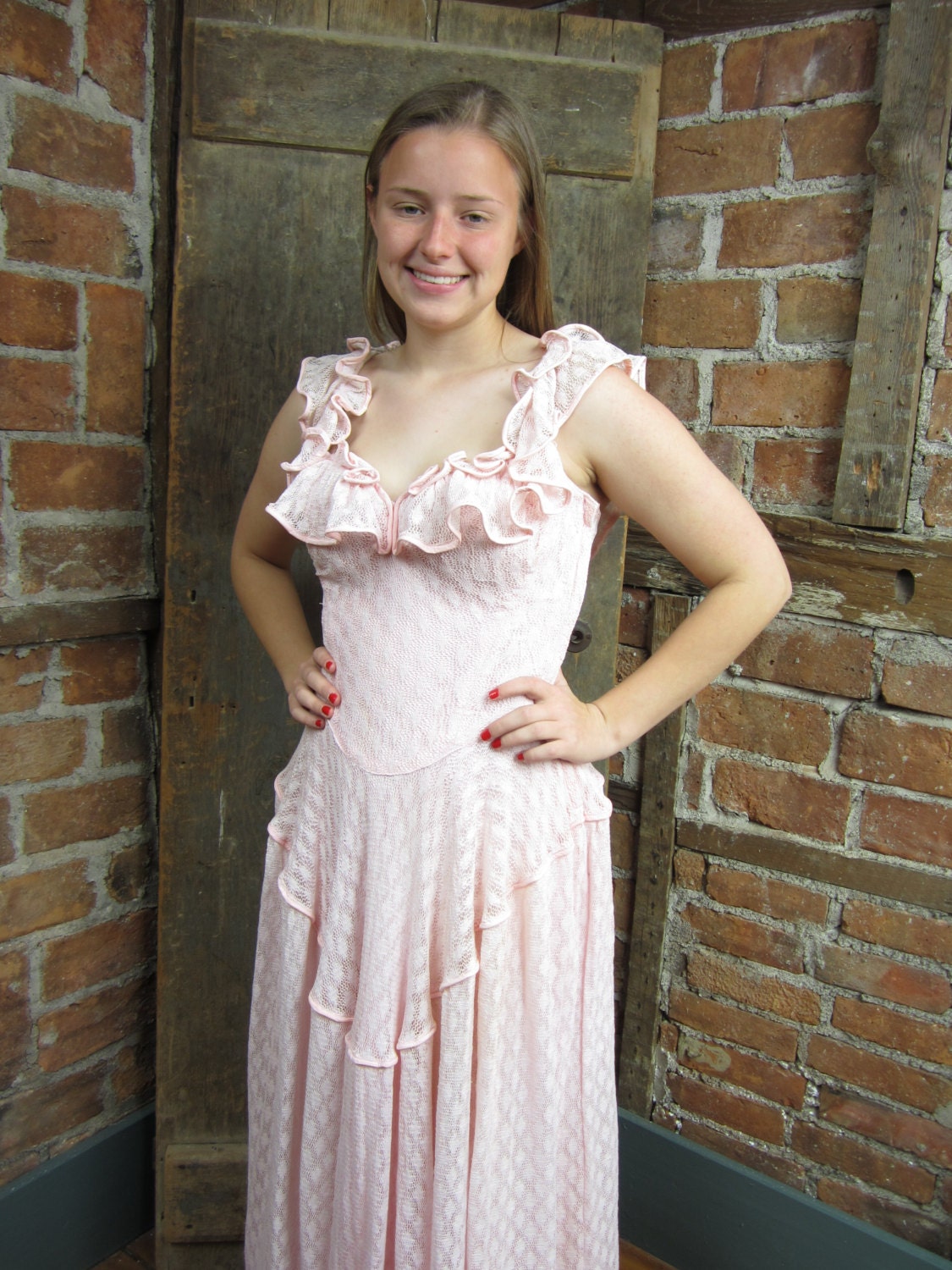 1940s Pink Net Gown/ Ruffles and More/ Shabby Chic Gown