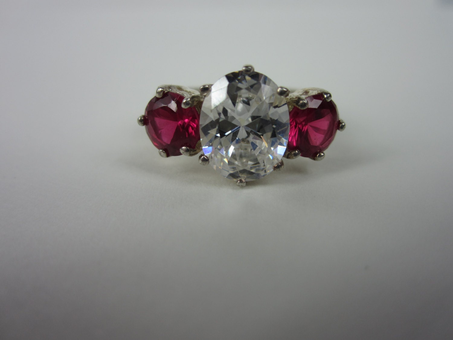 Vintage Sterling Silver Ring. 3 stone Red and Clear Cocktail Ring 8