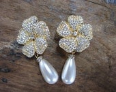 1980s Pansy Earrings. Pave Rhinestones Pearl Drop Earrings.