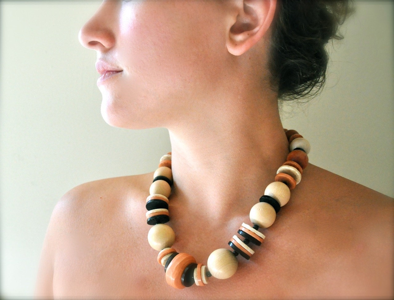 Vintage beaded statement necklace - peach beach bohemian wood jewelry