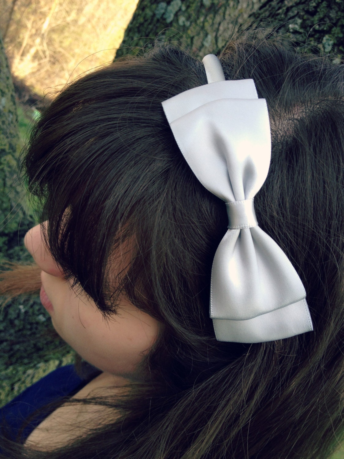 Silver Satin Hair Bow Headband, Hair Bow Headband, Girls Hair Accessories, Satin Hair Bow, Adult Hair Accessories, Gray Hair Bow Headband