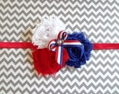 Red, White & Royal Blue Shabby Chic Flower Headband, Baby Hair Accessories, Baby Girls Hair Accessories, Red White and Blue Headband
