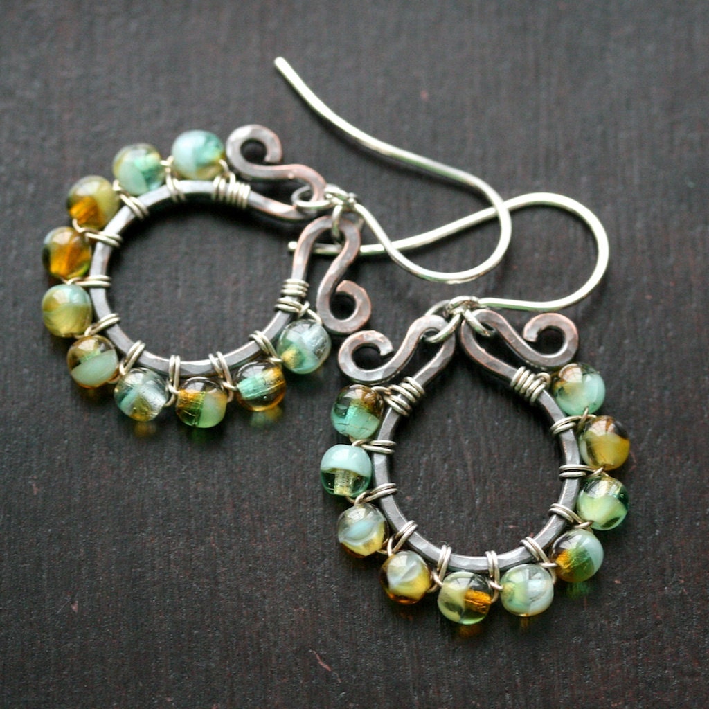 Handmade copper dangle earrings, green, amber, brown, wire wrapped hoops, sterling silver ear wires, beaded, mixed metal
